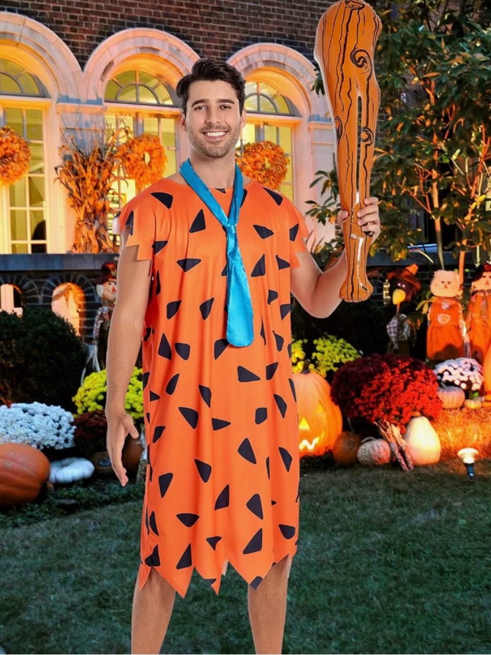 Orange Flintstone-Inspired Men’s Costume with Blue Tie